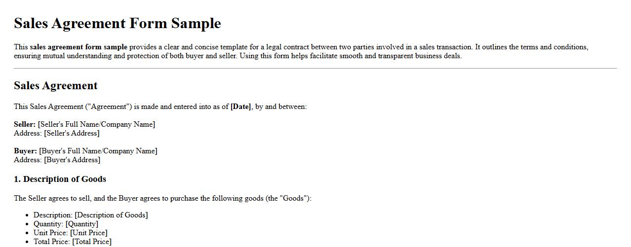 Sales agreement form sample between two parties image preview