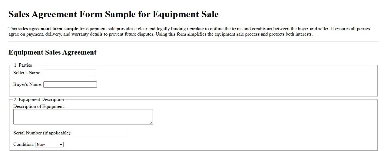 Sales agreement form sample for equipment sale image preview