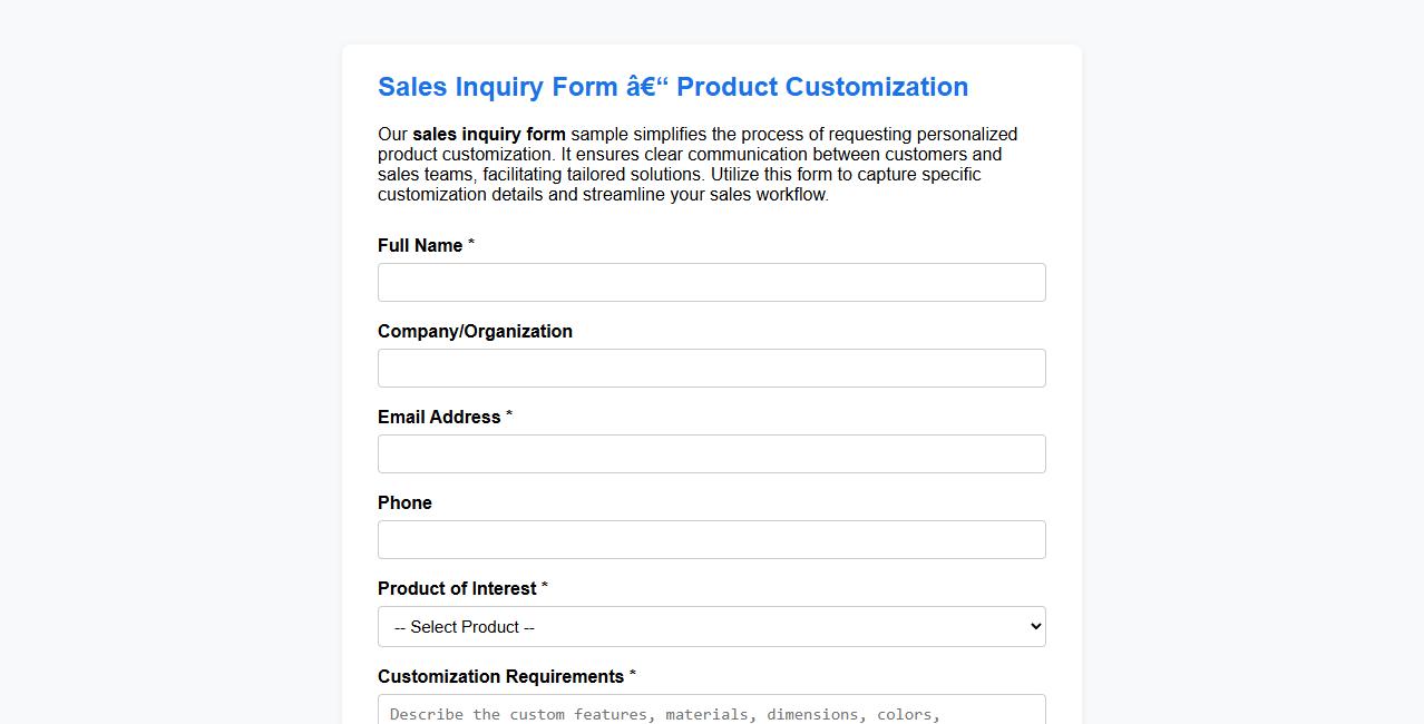 sales inquiry form sample for product customization image preview