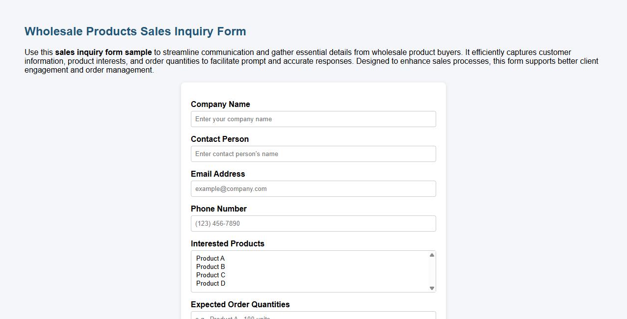 sales inquiry form sample for wholesale products image preview