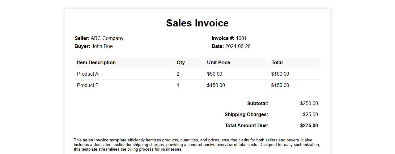 Sales invoice template including shipping charges image preview