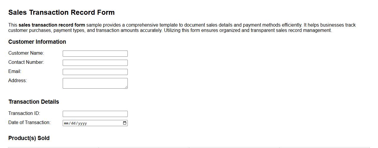 sales transaction record form sample including payment methods image preview