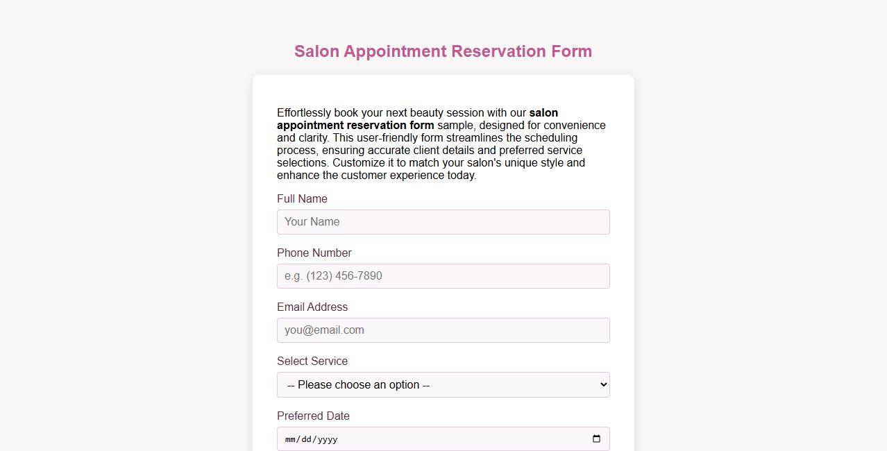 Salon appointment reservation form sample image preview