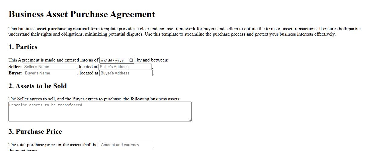 Sample business asset purchase agreement form template image preview