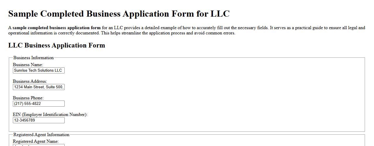 Sample completed business application form for LLC image preview