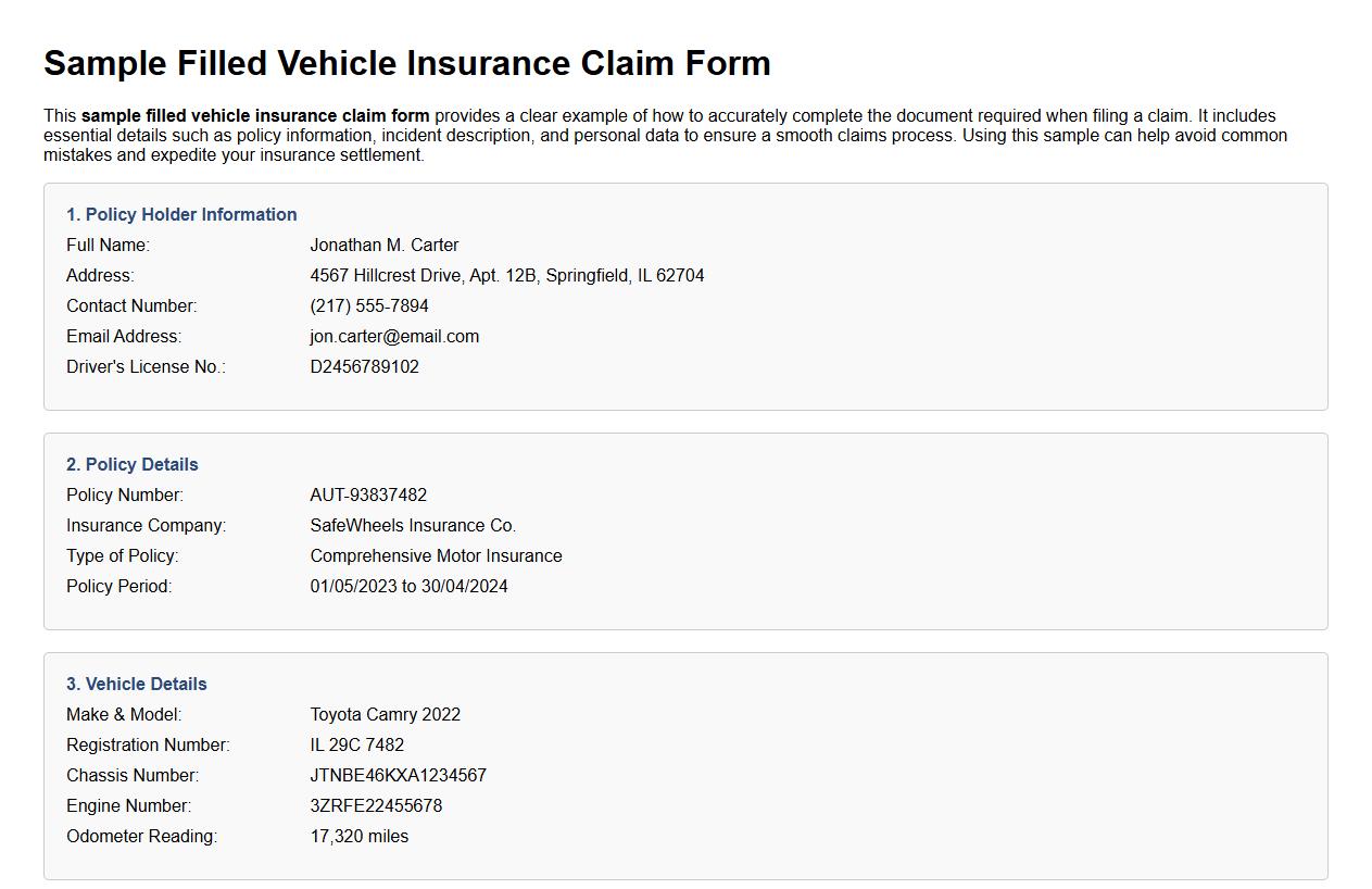 sample filled vehicle insurance claim form image preview