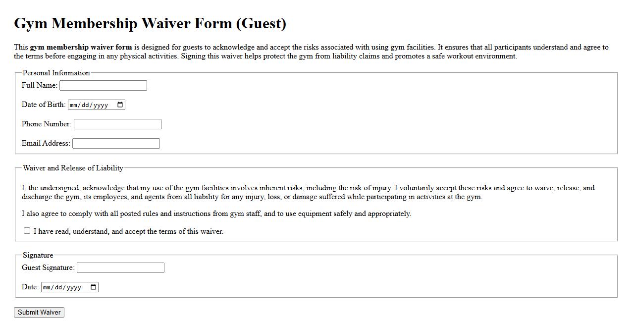 Sample gym membership waiver form for guests image preview