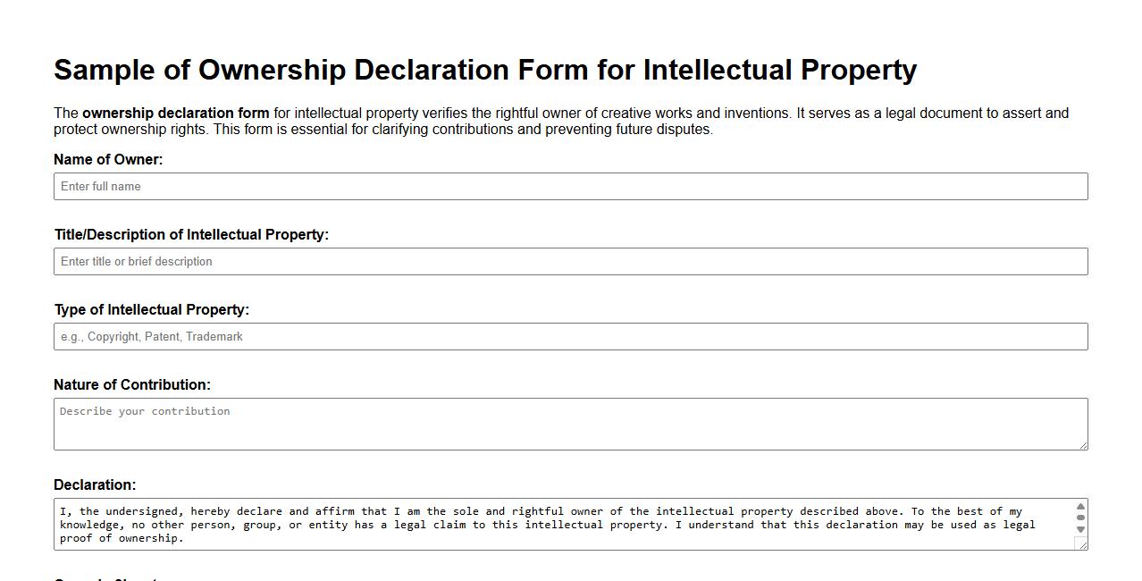 Sample of ownership declaration form for intellectual property image preview