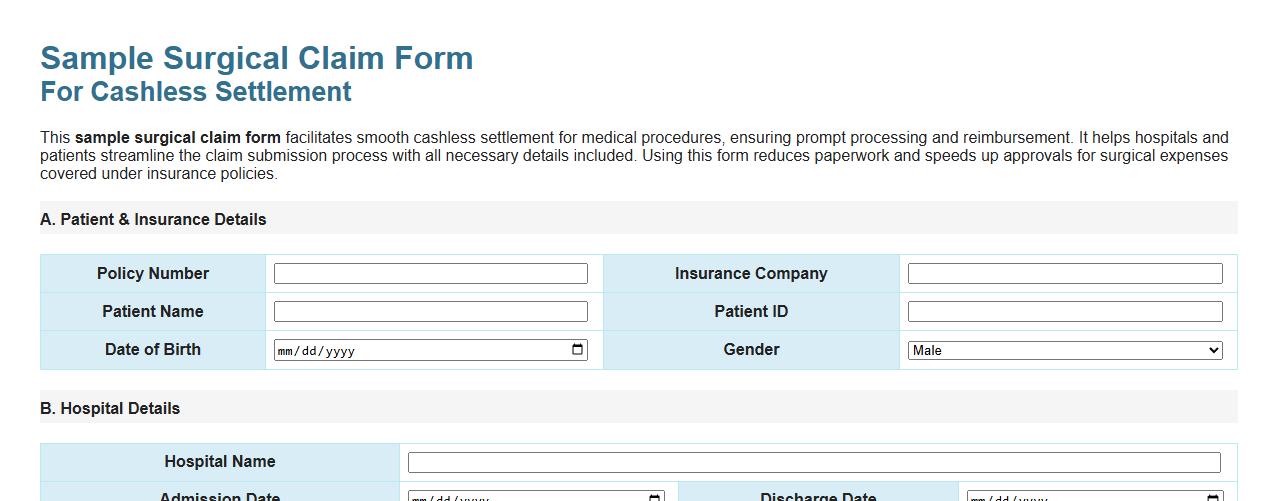sample surgical claim form for cashless settlement image preview