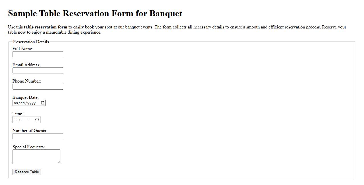 Sample table reservation form for banquet image preview