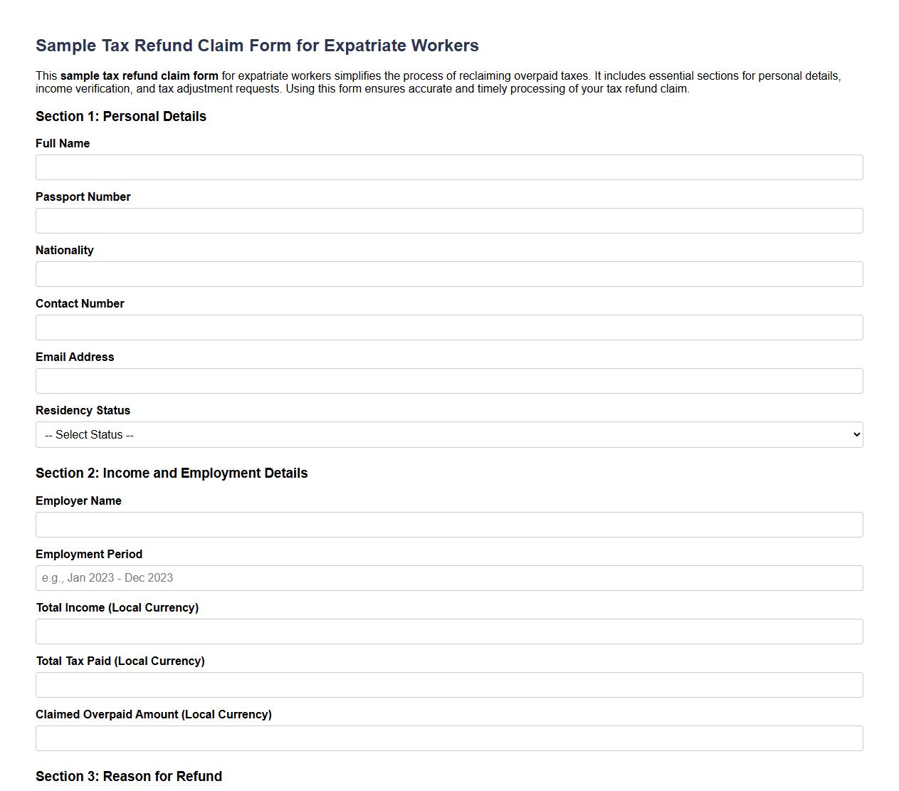 sample tax refund claim form for expatriate workers image preview