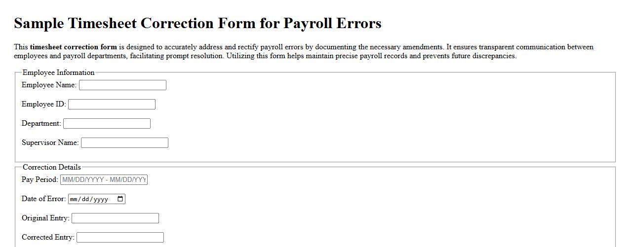 Sample timesheet correction form for payroll errors image preview