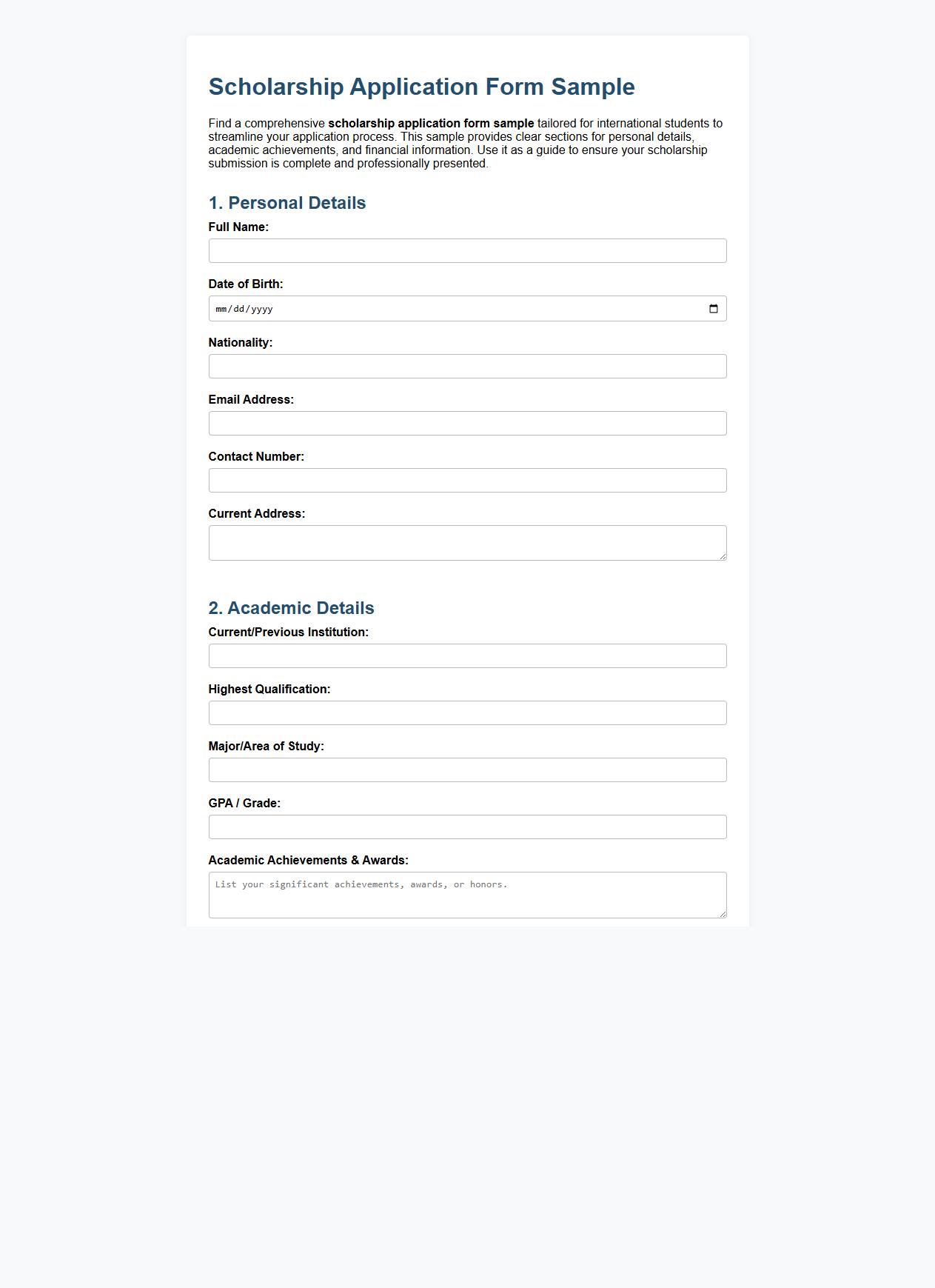 Scholarship application form sample for international students image preview
