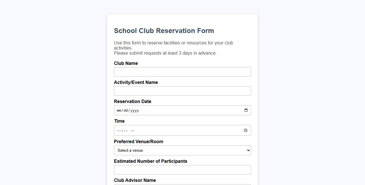 School club reservation form sample for activities image preview