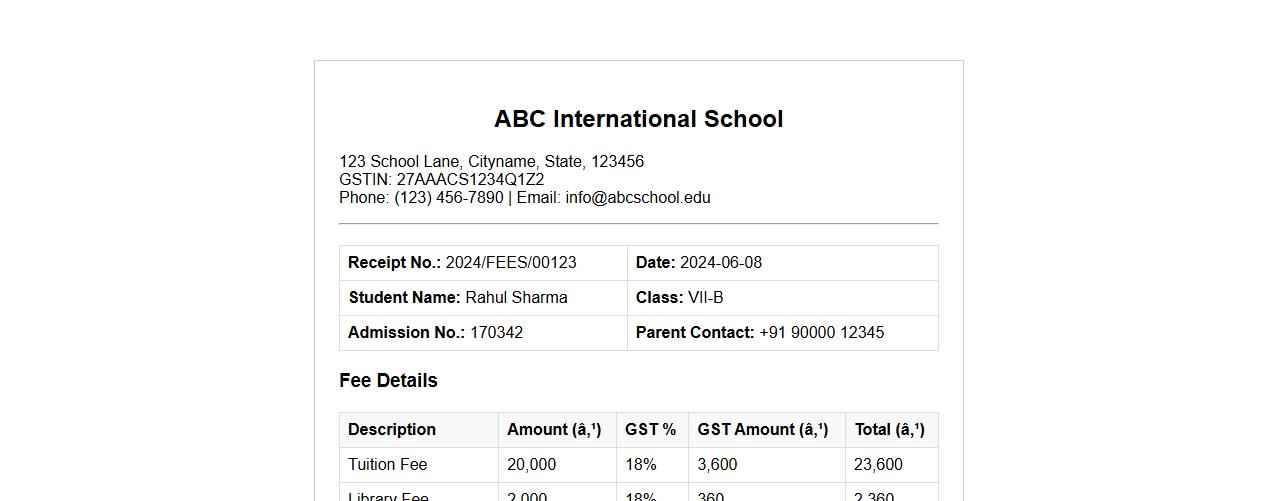 school fee receipt with gst details image preview