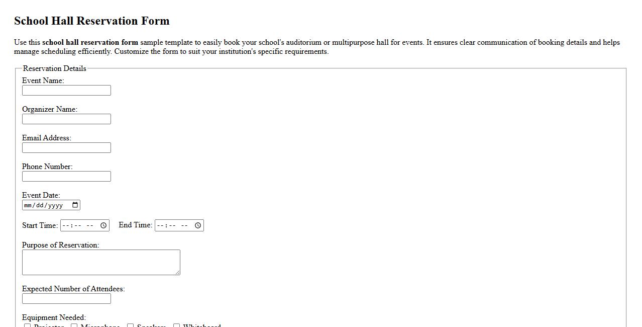 School hall reservation form sample template image preview