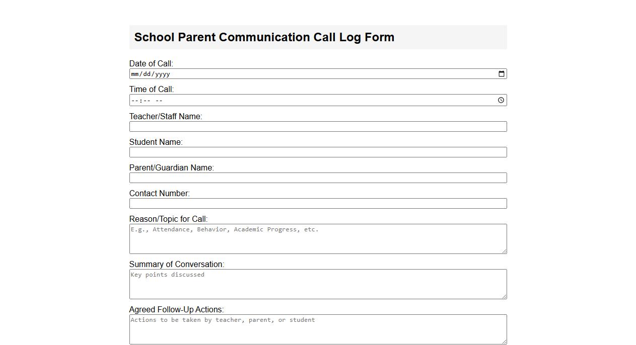 school parent communication call log form sample image preview