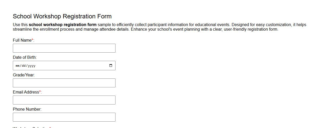 School workshop registration form sample image preview
