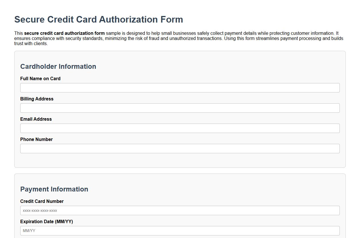 Secure credit card authorization form sample for small businesses image preview