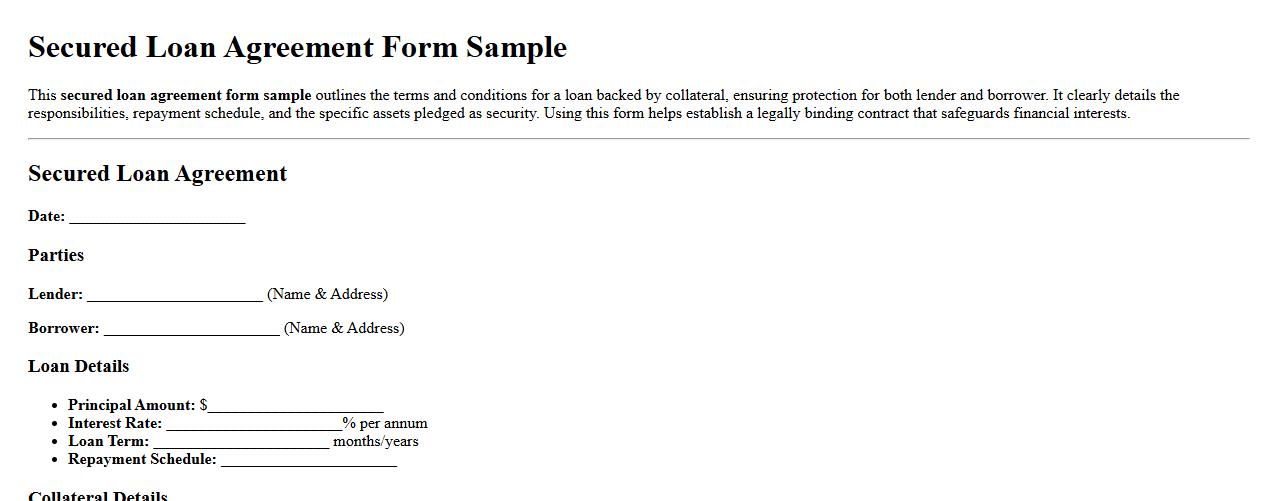 Secured loan agreement form sample with collateral image preview