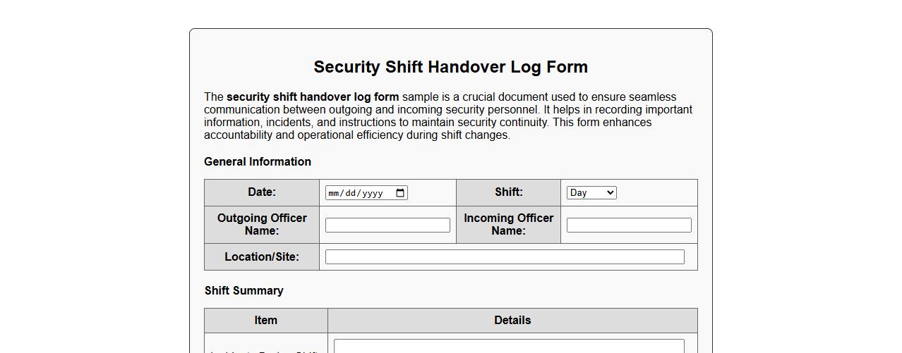 security shift handover log form sample image preview