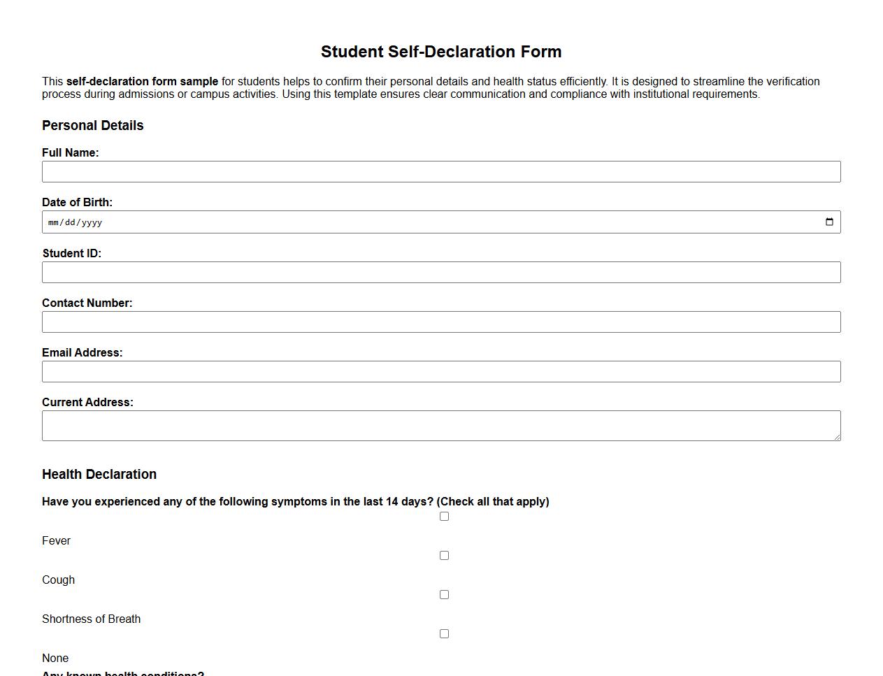 self-declaration form sample for students image preview