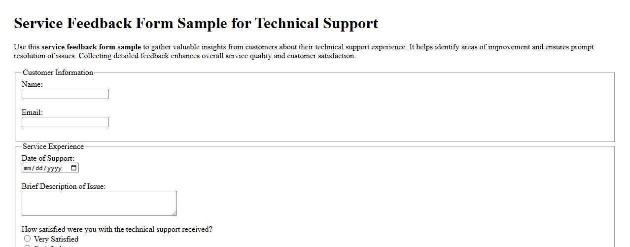 Service feedback form sample for technical support image preview