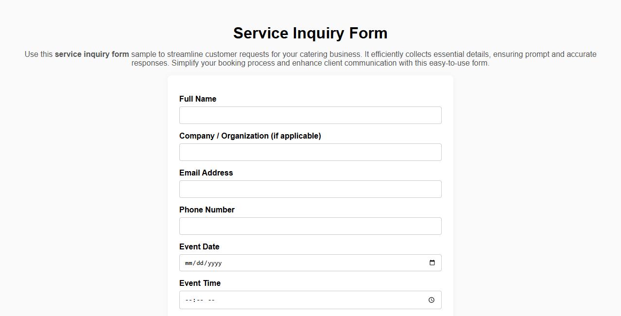 service inquiry form sample for catering business image preview