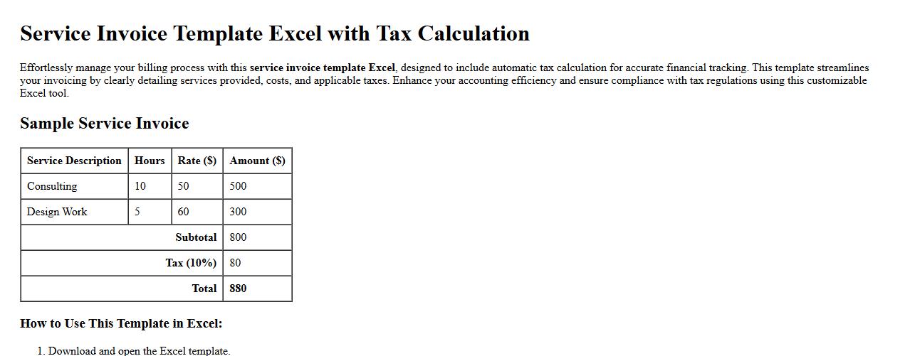 Service invoice template Excel with tax calculation image preview