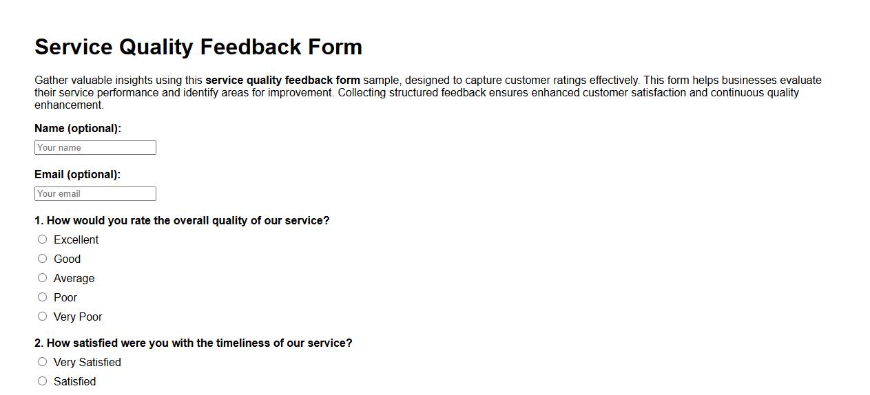 Service quality feedback form sample with ratings image preview