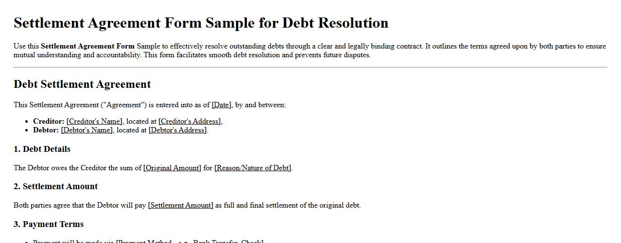 Settlement Agreement Form Sample for Debt Resolution image preview