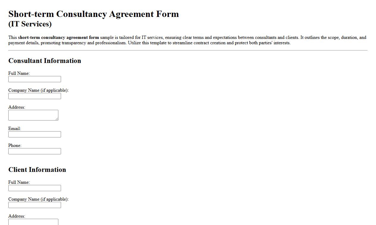 Short-term consultancy agreement form sample for IT services image preview