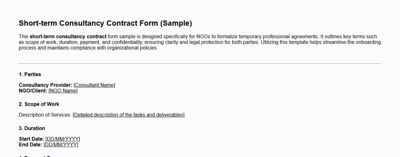 Short-term consultancy contract form sample for NGOs image preview