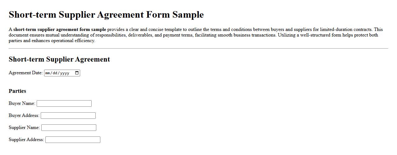Short-term supplier agreement form sample image preview