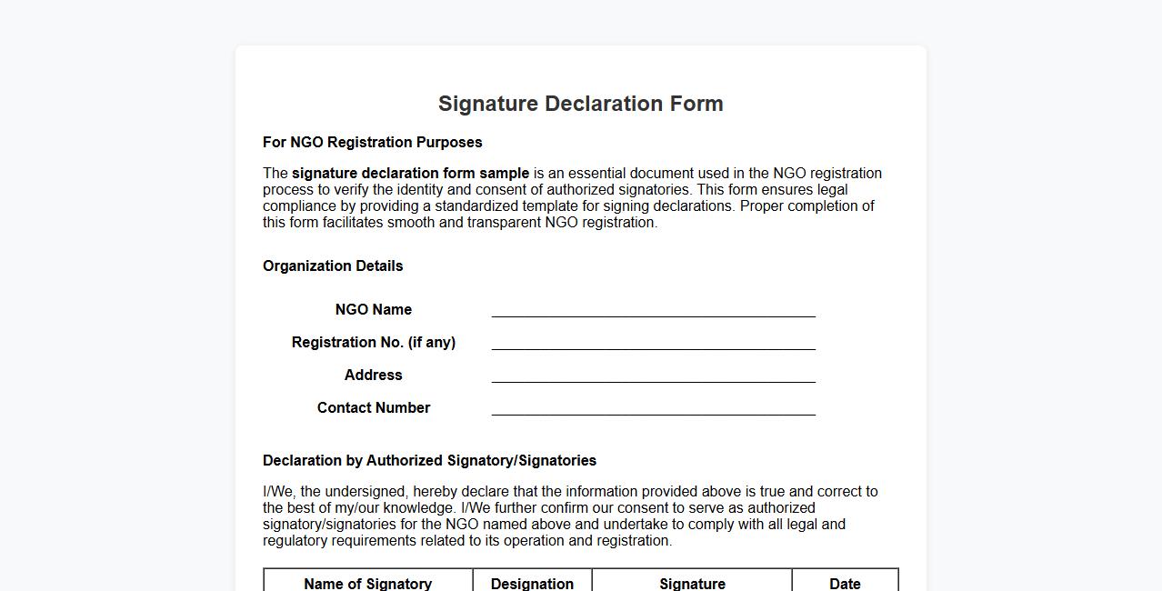 Signature declaration form sample for NGO registration image preview