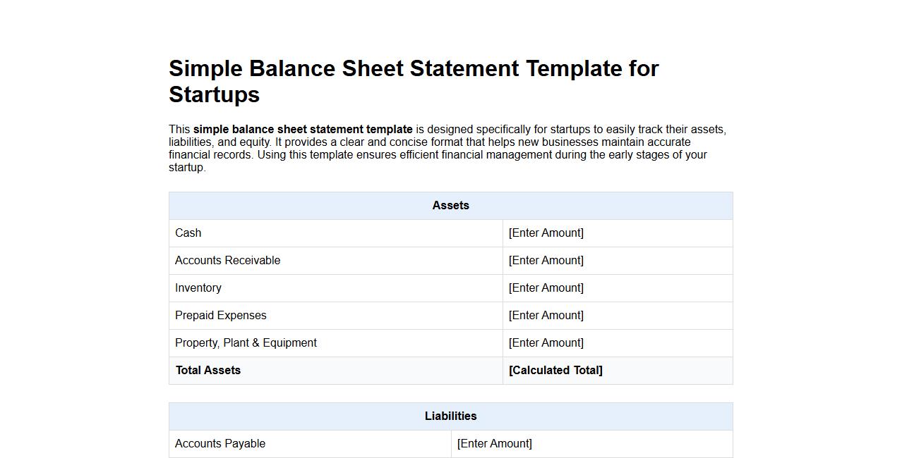Simple balance sheet statement template for startups image preview