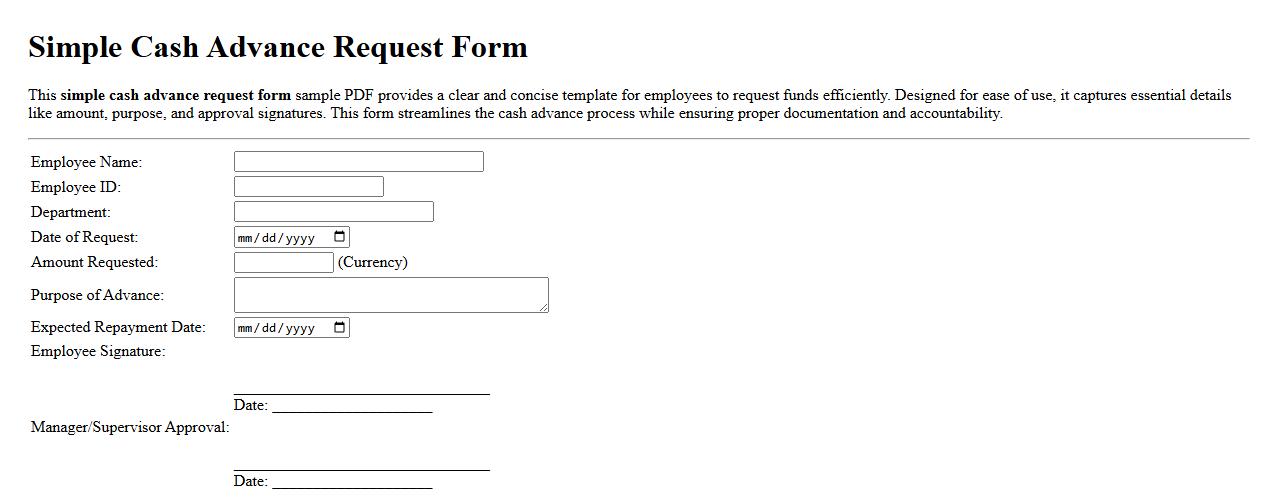 simple cash advance request form sample PDF image preview
