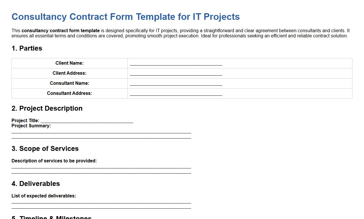 Simple consultancy contract form template for IT projects image preview