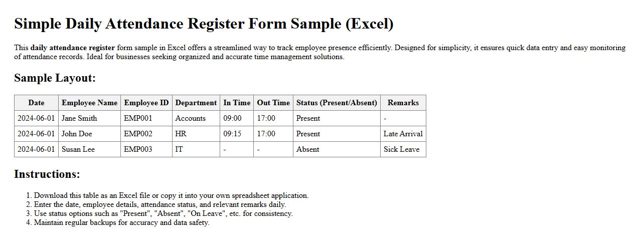 Simple daily attendance register form sample Excel image preview