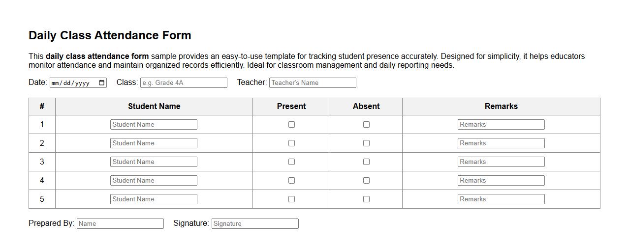 simple daily class attendance form sample image preview