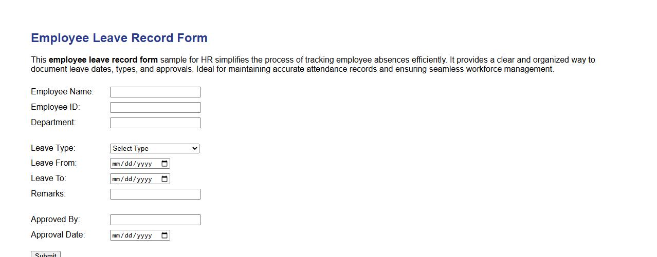 simple employee leave record form sample for HR image preview