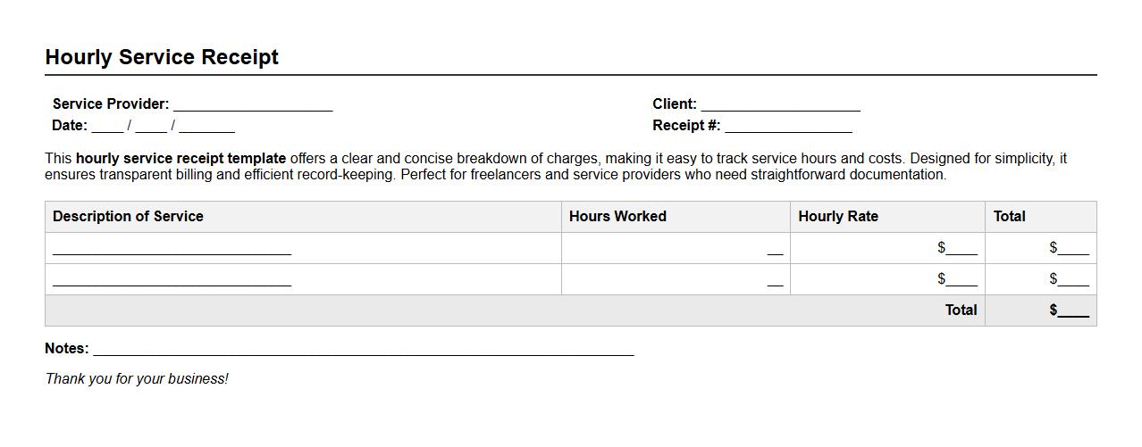 Simple hourly service receipt template with breakdown image preview