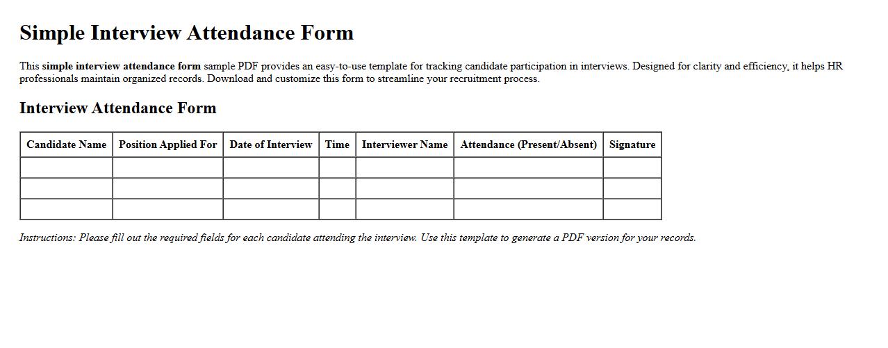 simple interview attendance form sample PDF image preview