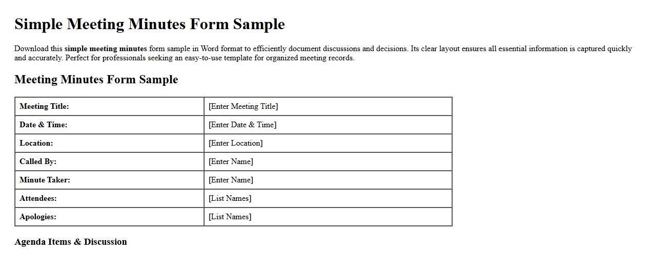 simple meeting minutes form sample in Word format image preview