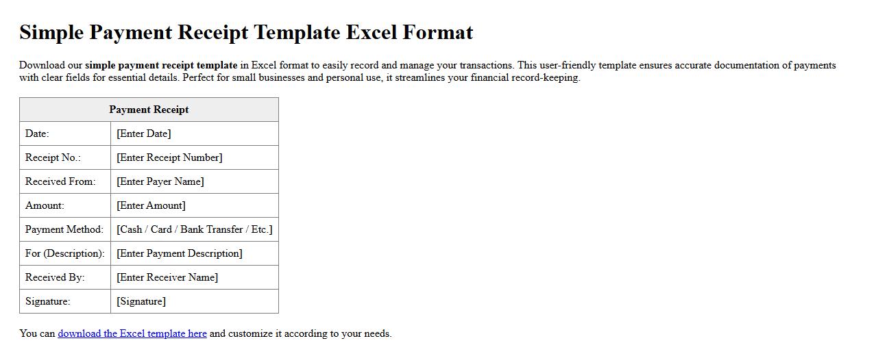 Simple payment receipt template Excel format image preview