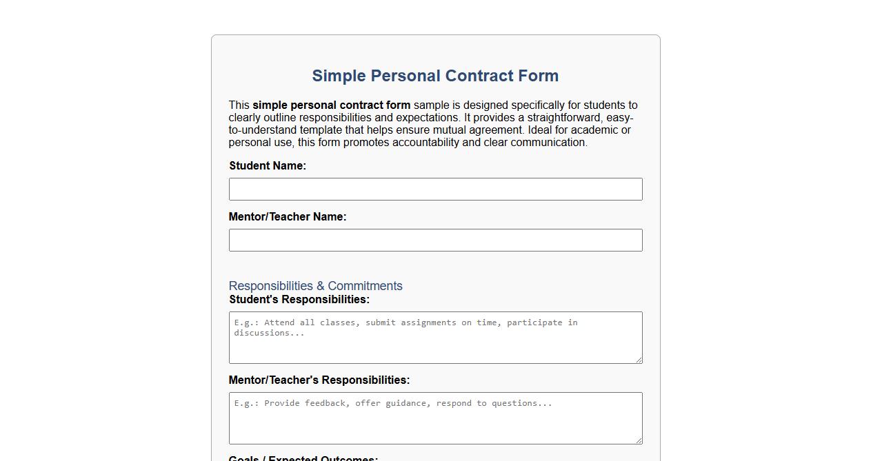Simple personal contract form sample for students image preview