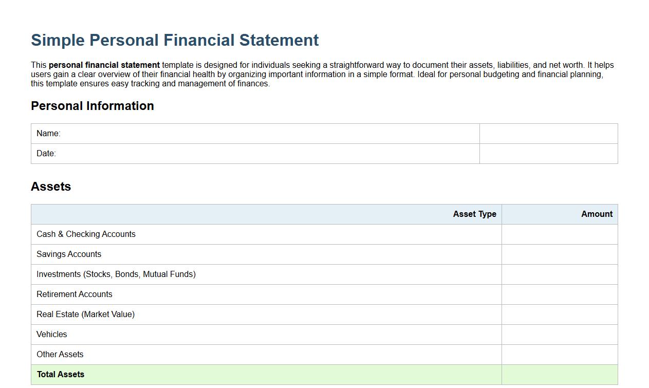 Simple personal financial statement template for individuals image preview