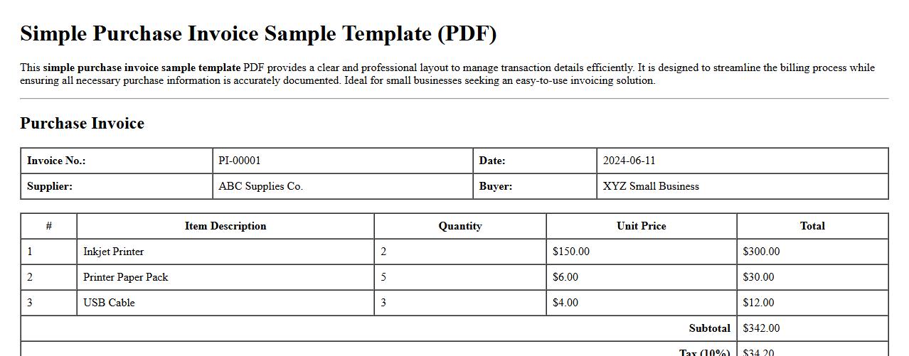 Simple purchase invoice sample template PDF image preview