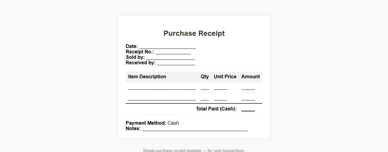 Simple purchase receipt template for cash transactions image preview