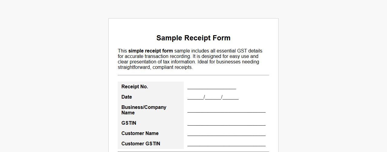 Simple receipt form sample with GST details image preview